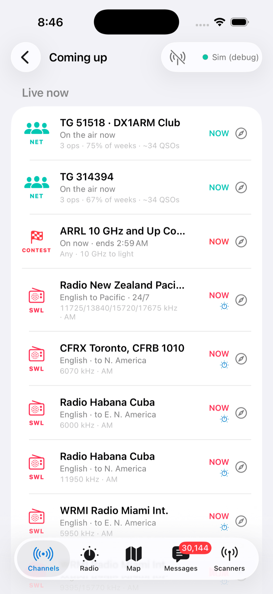 The coming-up agenda at the top of the Channels tab — a live contest, ARRL 10 GHz and Up, folded in among DMR nets and shortwave broadcasts, all timestamped in UTC