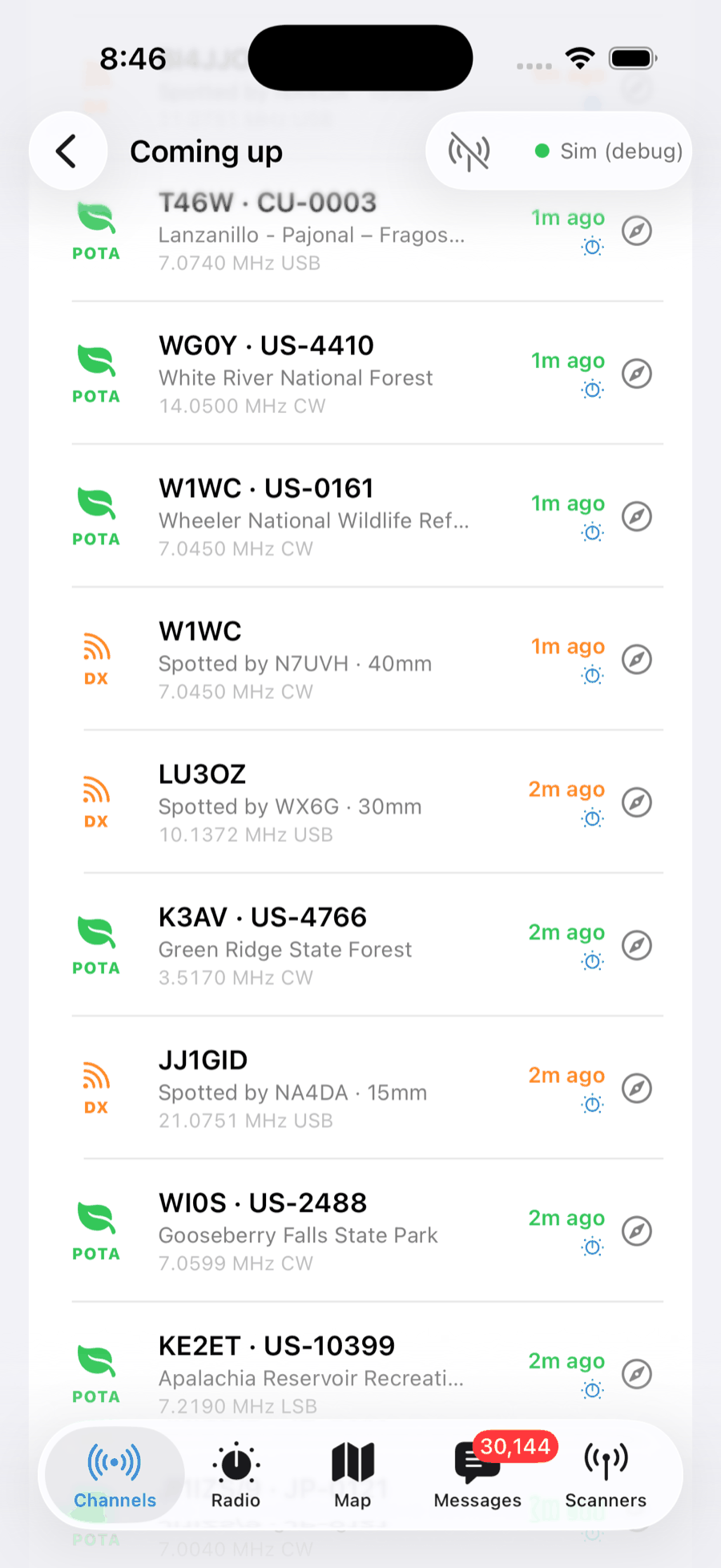 The coming-up agenda showing live POTA park activations — US-4410 White River National Forest, US-0161 Wheeler National Wildlife Refuge — interleaved with DX-cluster spots, each with band, mode and how long ago it was spotted