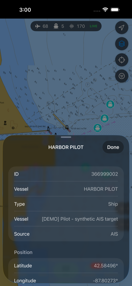 An AIS ship detail card — MMSI, vessel name, type, source and live position