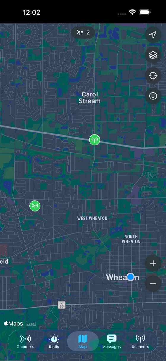 Two decoded APRS stations plotted at street level near Wheaton — N9JPG-7 in West Wheaton and W9TMX-9 by Carol Stream
