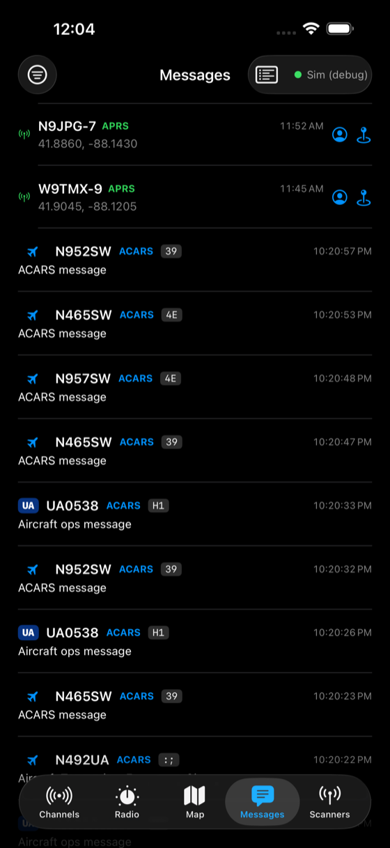 The same APRS position packets in the Messages feed — N9JPG-7 and W9TMX-9 with decoded coordinates