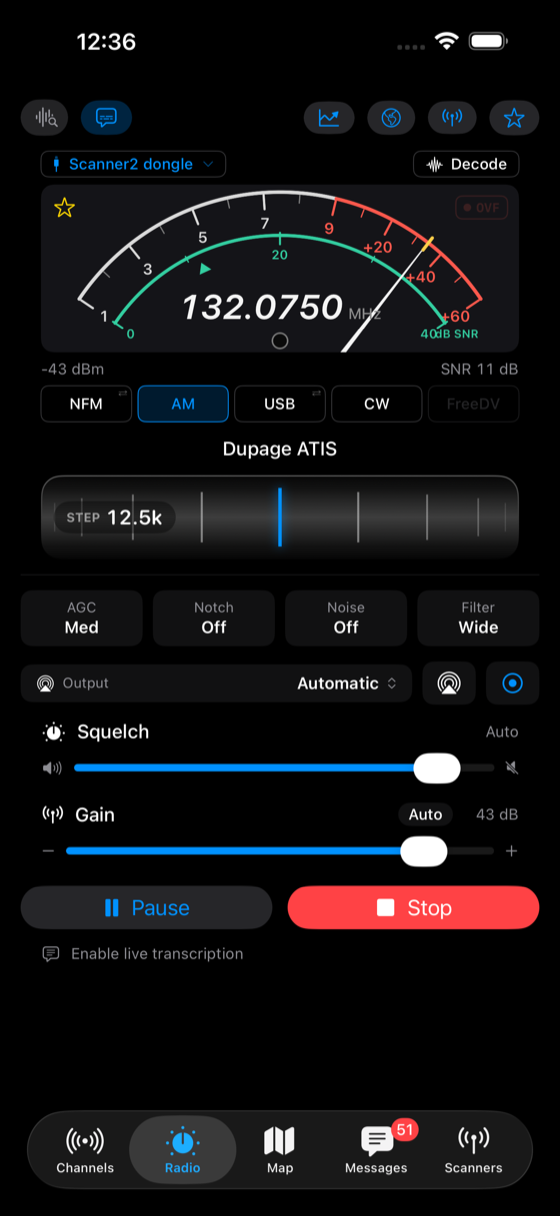 The Radio tab tuned to the DuPage Airport ATIS on 132.075 MHz AM, with the signal meter, mode buttons and squelch/gain controls