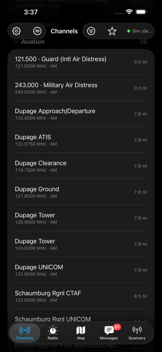 Nearby air-band channels — DuPage tower, ground, ATIS, clearance, approach and Chicago O'Hare