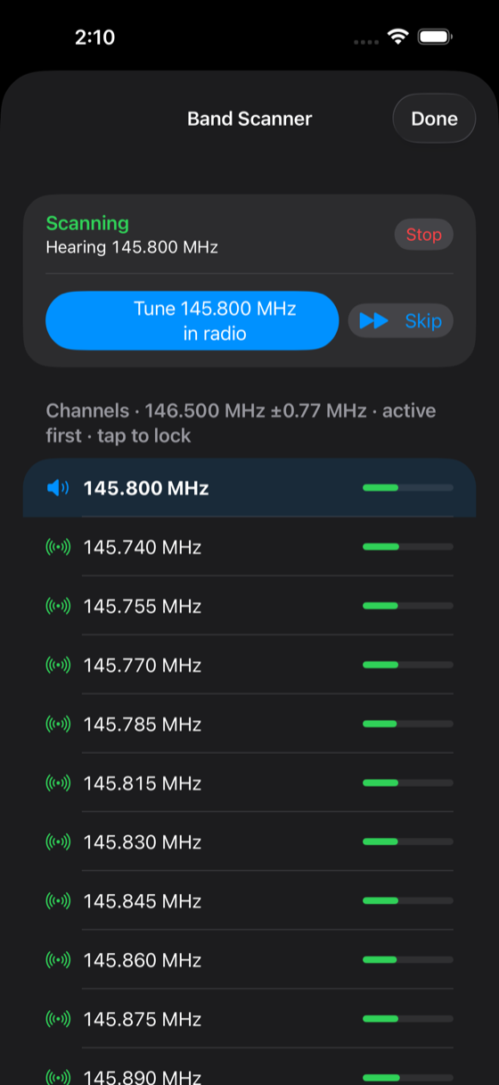 The 2 m band scanner — an FFT watching every channel in the window at once, landed on 146.970 MHz
