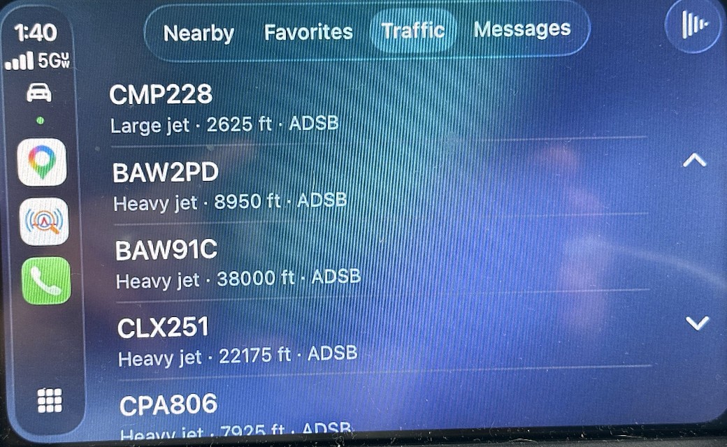 CarPlay Traffic tab listing live ADS-B aircraft with type and altitude