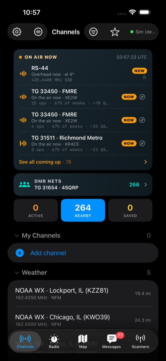The coming-up agenda at the top of the Channels tab — ON AIR NOW with an RS-44 satellite pass overhead and live DMR nets, timestamped in UTC