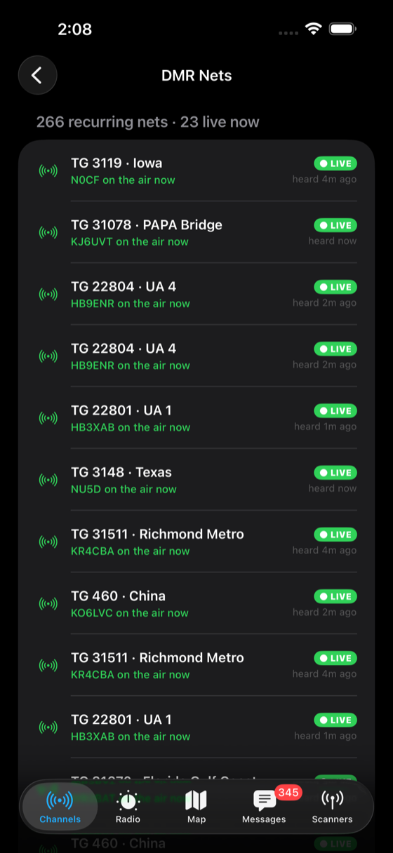 The DMR Nets browser — 266 recurring nets, 20 live now, each with its live talker