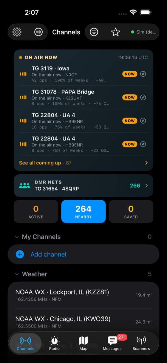 The Channels tab — on-air agenda, Active/Nearby/Saved counts, and nearby weather channels