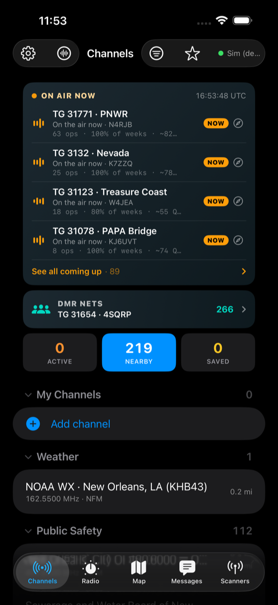 The Channels tab: an On-Air agenda with live DMR nets