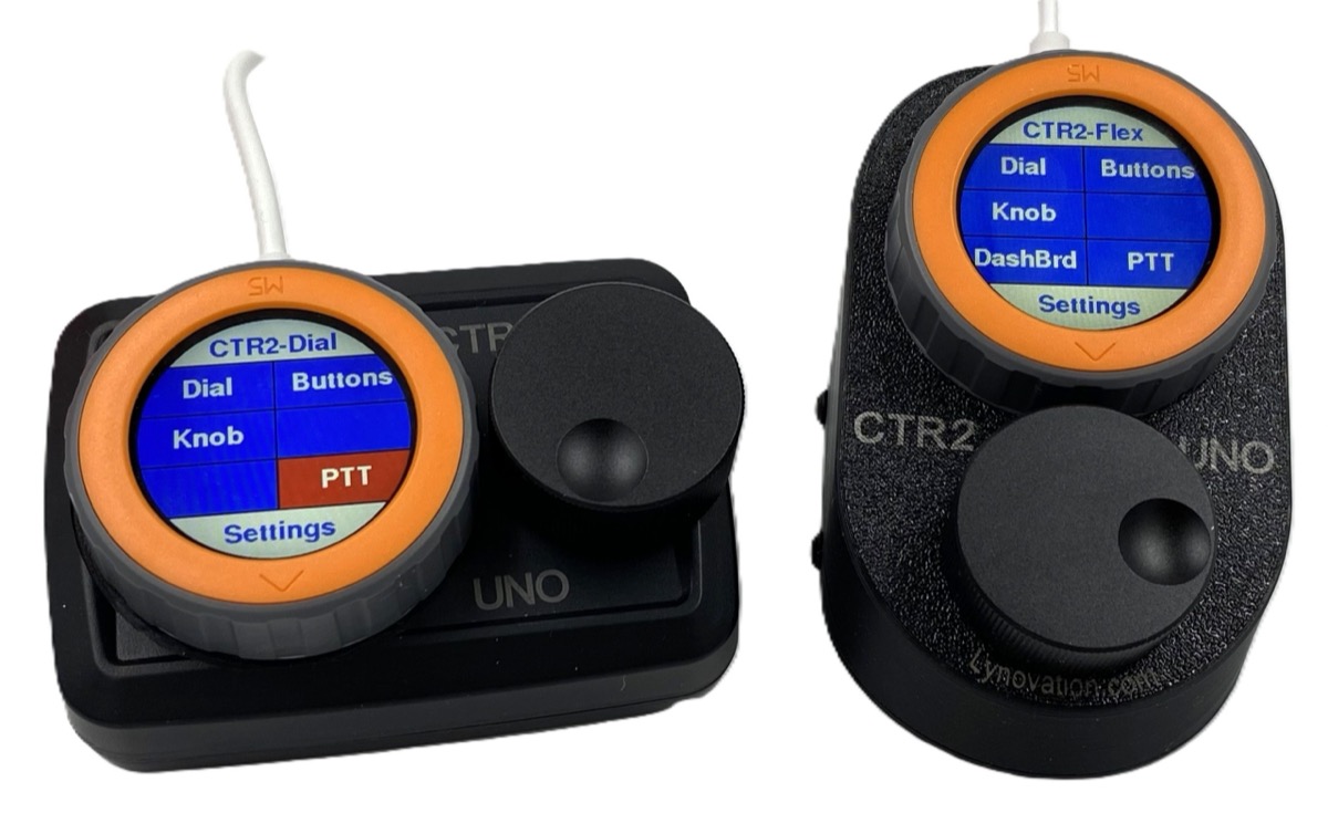 A Lynovation CTR2-Uno wireless controller — a round touchscreen control surface beside a large weighted tuning knob, a Bluetooth-MIDI controller for tuning the radio by hand