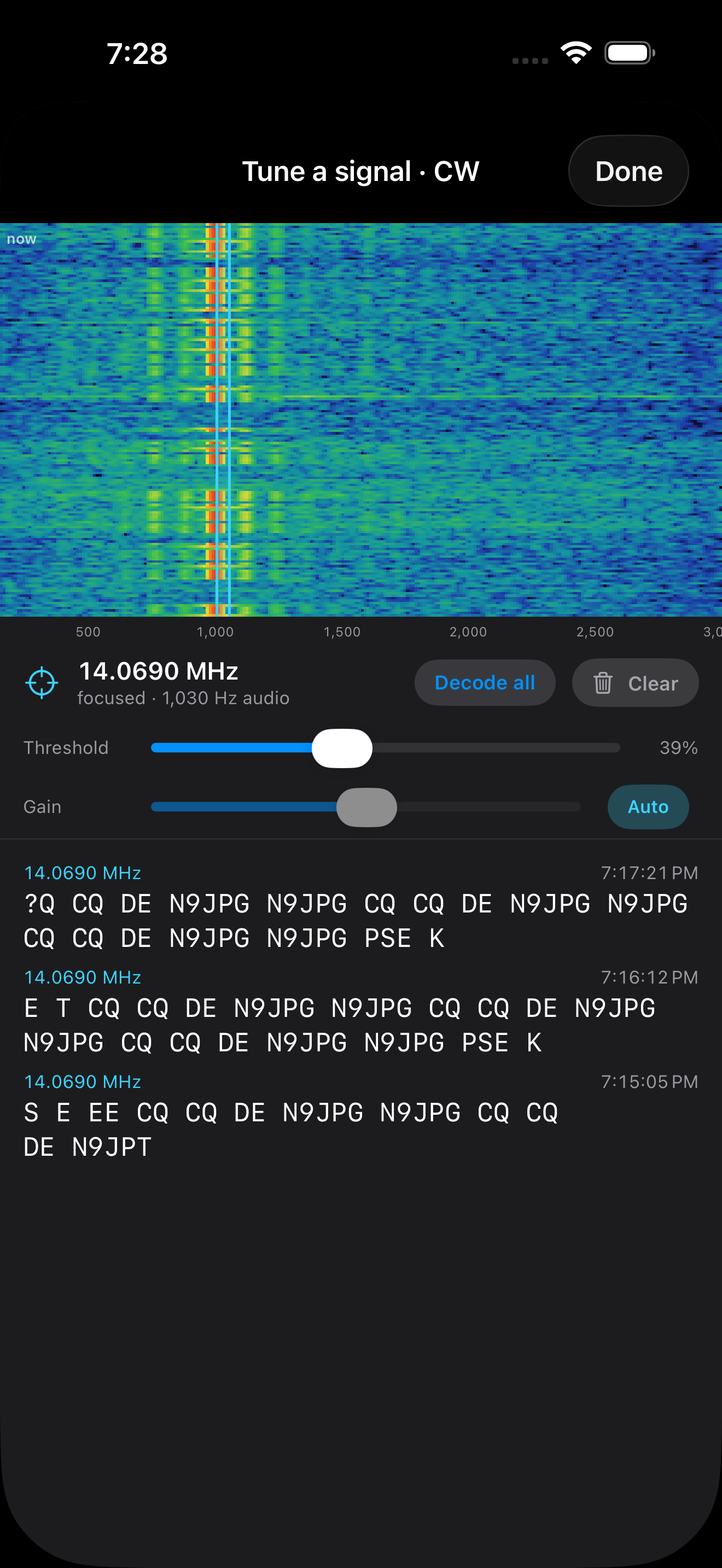 The tune-a-signal picker decoding Morse (CW) on 20 m — 'CQ CQ DE N9JPG N9JPG PSE K' copied off a tapped keyed note, dits and dahs visible on the waterfall