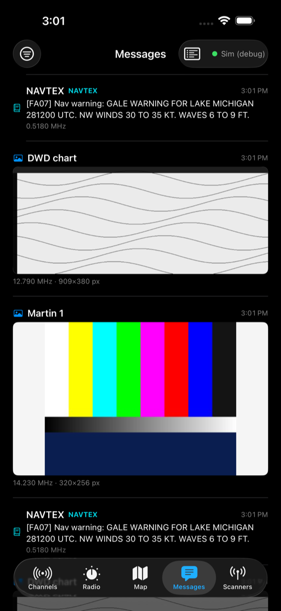 NAVTEX navigational warnings and weather-fax charts decoded into the feed