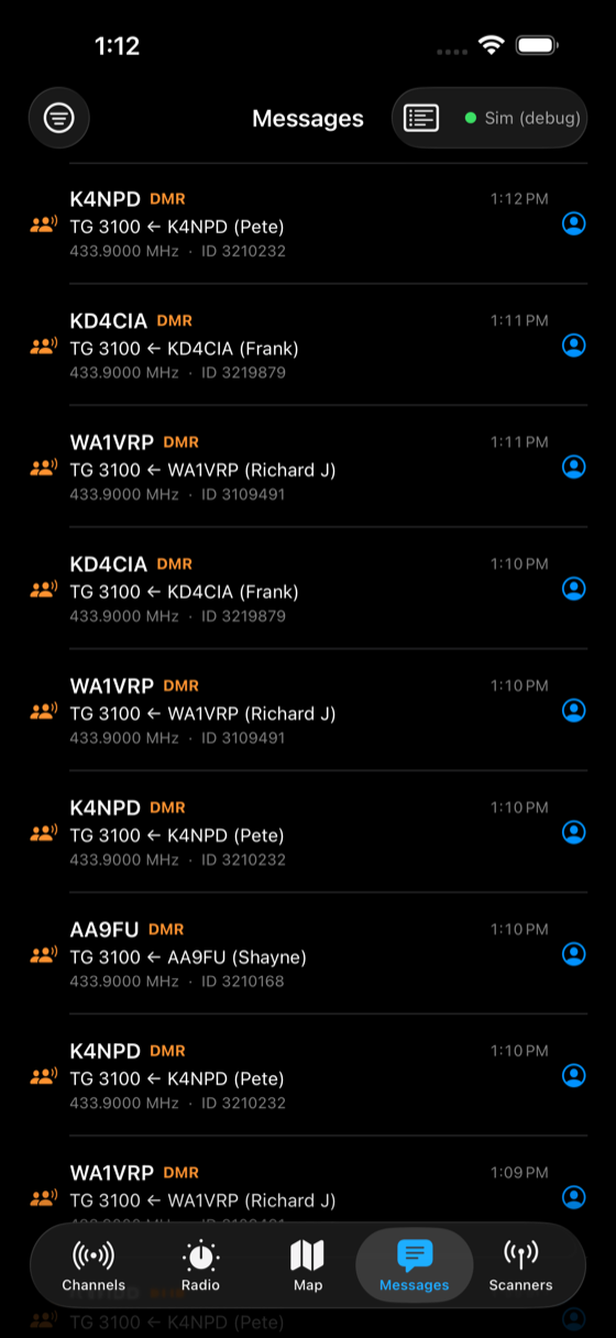 The Messages feed of decoded DMR — KD4CIA (Frank), WA1VRP (Richard J), K4NPD (Pete) and AA9FU (Shayne) on talkgroup 3100 with their DMR IDs