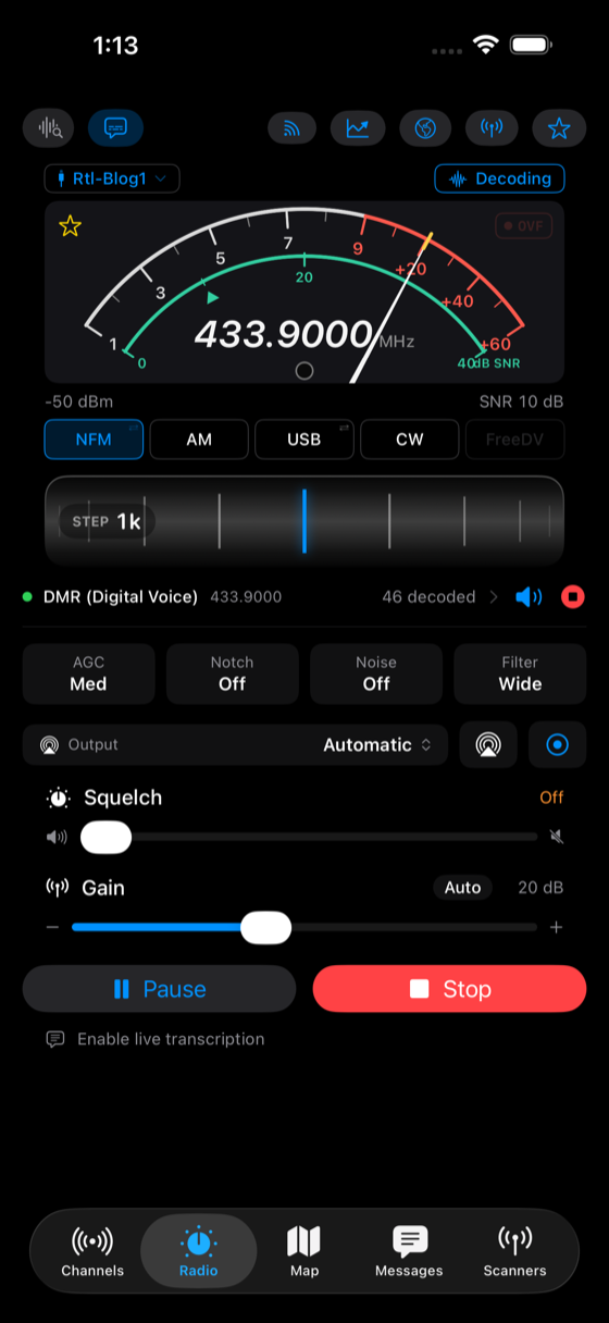 The Radio screen decoding DMR digital voice on 433.900 MHz, receiving at SNR 10 dB with 46 overs decoded