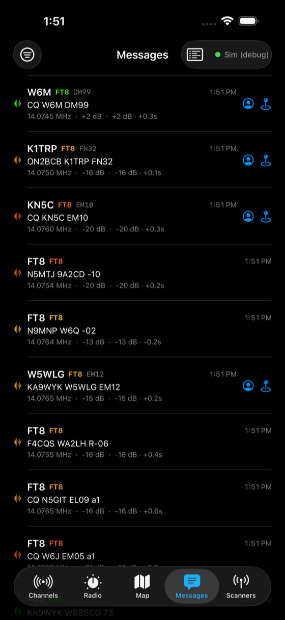 Live FT8 decode feed on 20 m — callsigns, grids, SNR, and DX from Belize, Russia and American Samoa