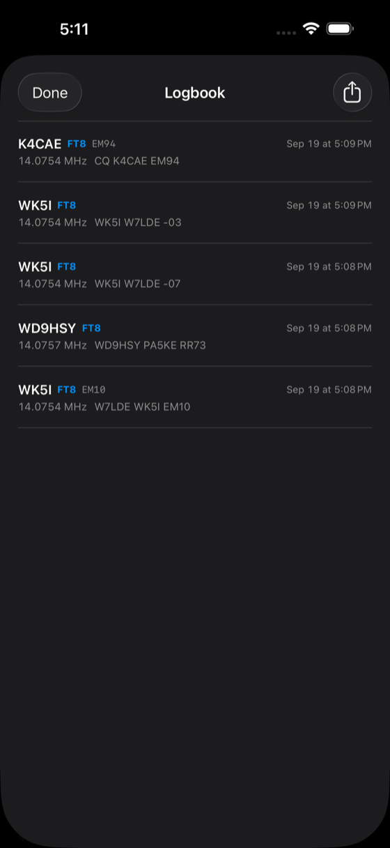The logbook of heard stations, tap-to-logged from the feed with callsign, grid, frequency and time — ADIF-exportable for SWLog