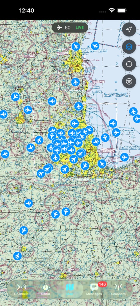 Live aircraft over the FAA VFR sectional chart of the Chicago area
