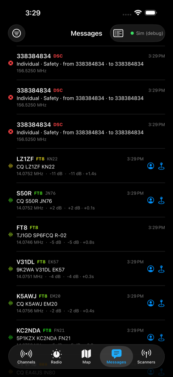 A real decoded DSC call in the feed — MMSI 338384834, Individual/Safety, on 156.525 MHz