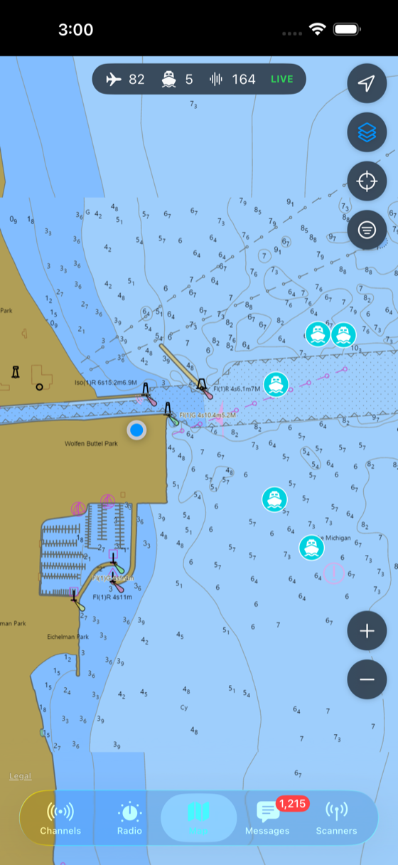 Five AIS ships tracked on the NOAA nautical chart off Kenosha Harbor