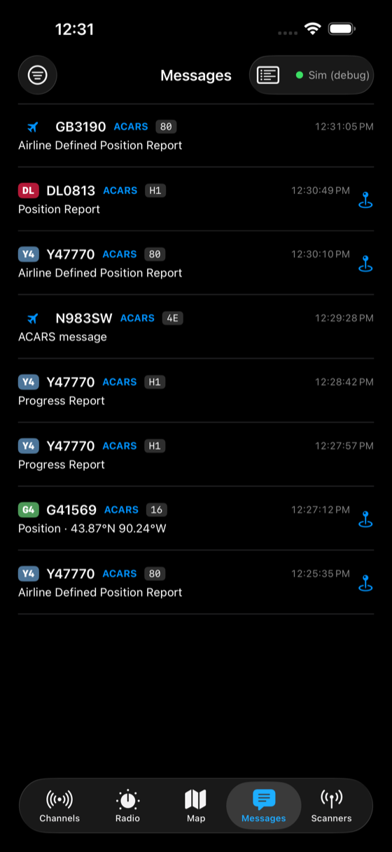 The Messages feed of decoded ACARS aircraft datalink