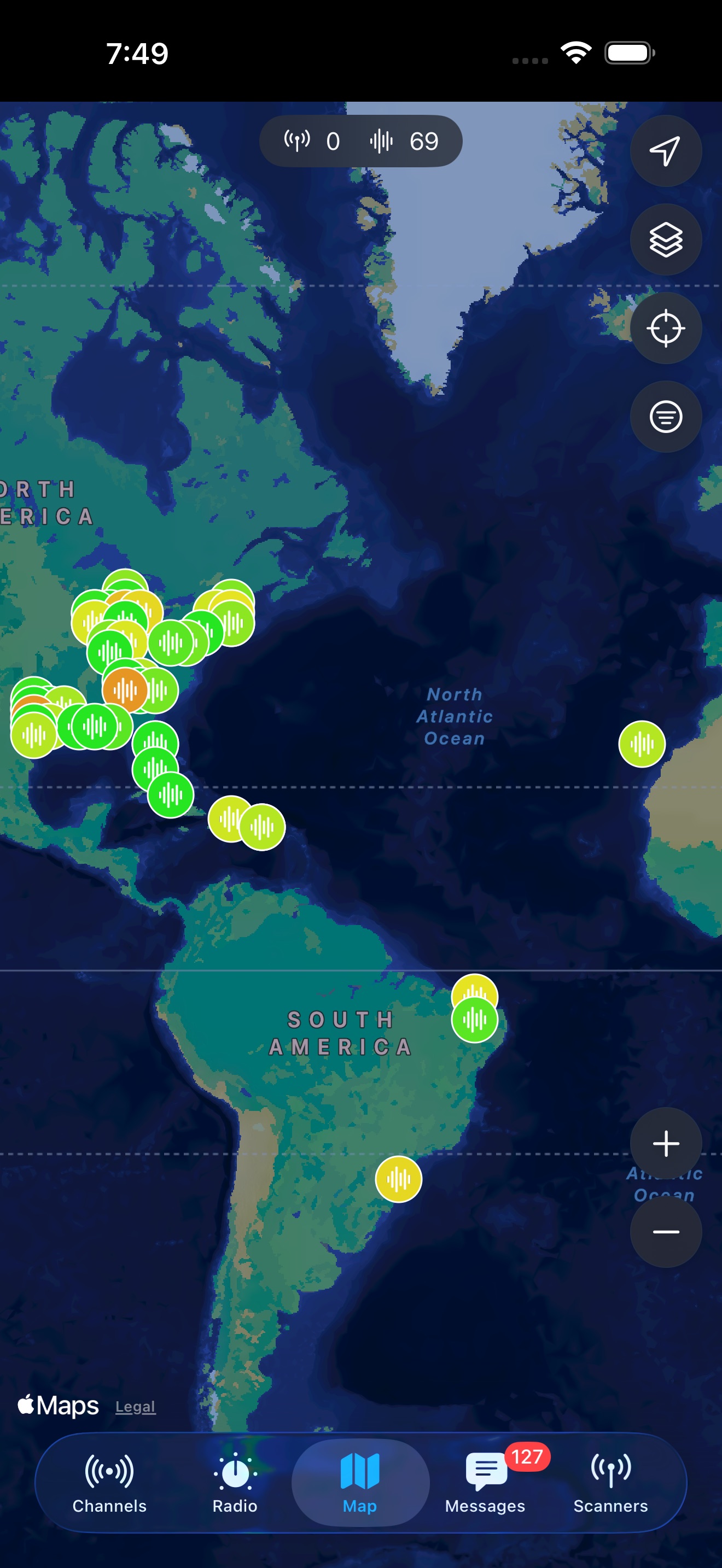 World map of stations heard on an HF FT8 sweep, pinned by grid square across North America, the Caribbean, South America and Europe