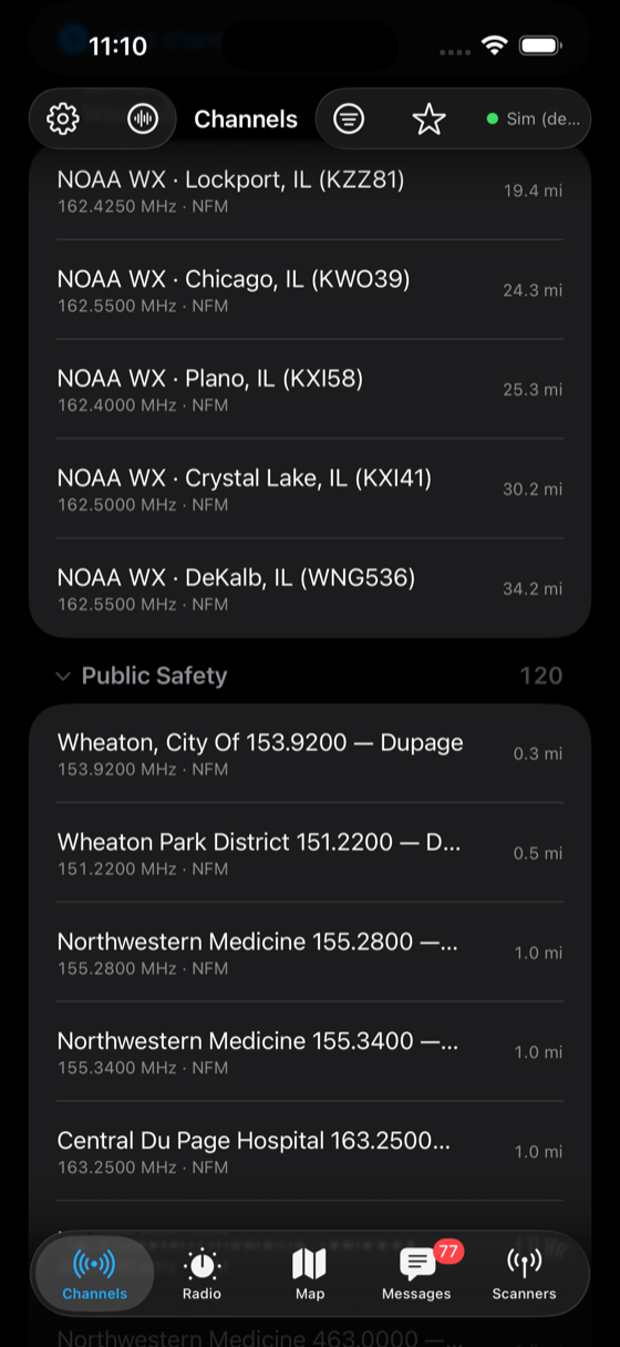 Nearby public-safety dispatch channels sorted by distance — Wheaton City 153.92, Wheaton Park District, Northwestern Medicine and Central DuPage Hospital, all narrowband FM