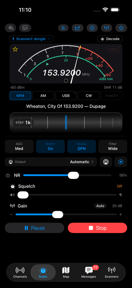 Tuned to Wheaton City dispatch on 153.92 MHz narrowband FM — receiving at -72 dBm, with DeepFilterNet noise reduction, a notch filter and AGC in reach