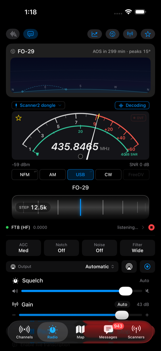 The Radio tab with the ISS sky-view widget above the tuned downlink