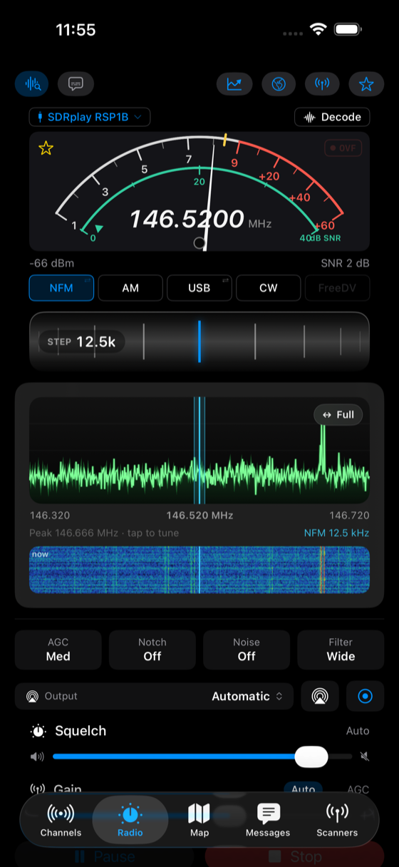 The Radio tab receiving, with a live spectrum and waterfall