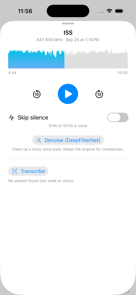 The Recordings player card in the app — a captured ISS pass on 437.800 MHz with a voice-activity waveform scrubber (9:46 of 10:00 is voice), a Skip-silence toggle, and one-tap DeepFilterNet denoise and on-device Transcribe