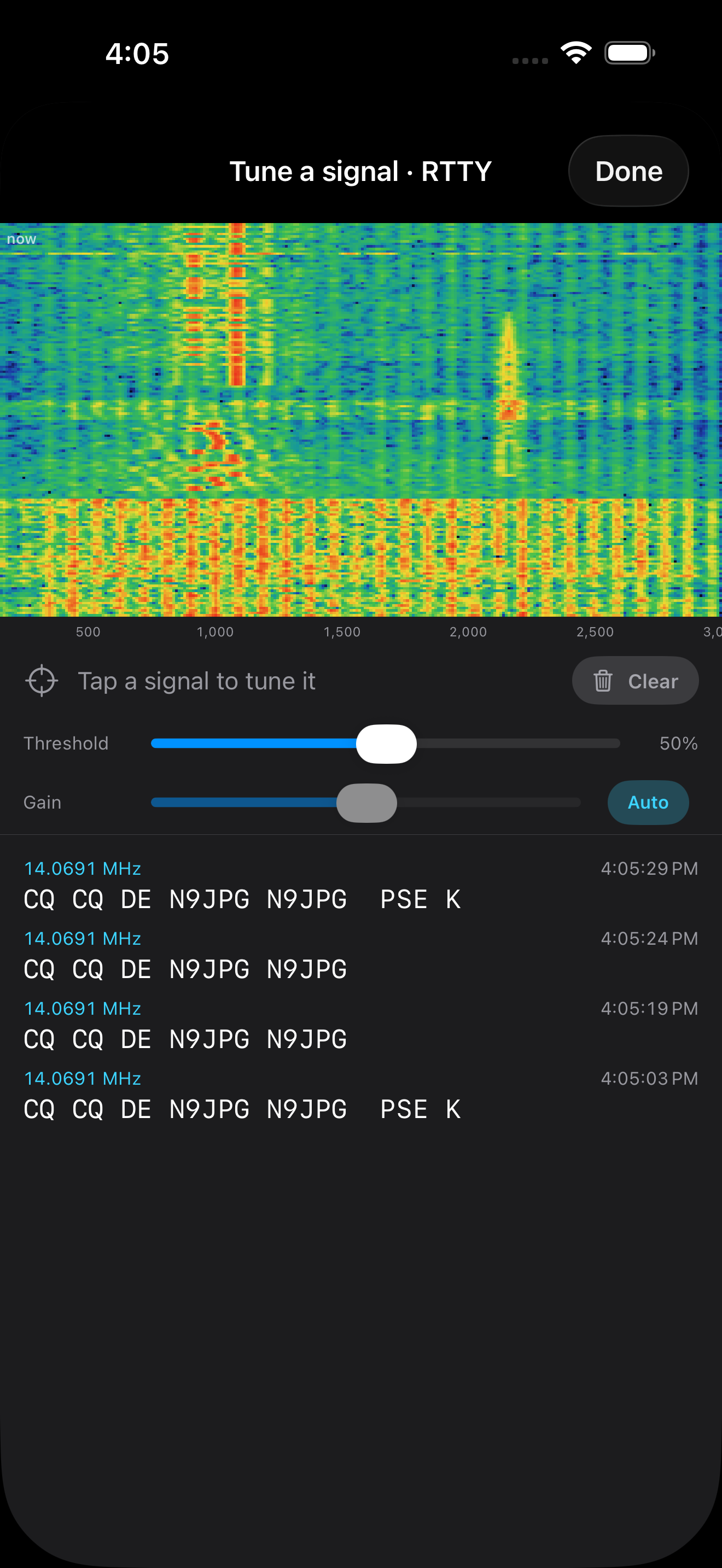 The tune-a-signal picker decoding 45-baud RTTY — 'CQ CQ DE N9JPG N9JPG PSE K' copied line after line off the waterfall