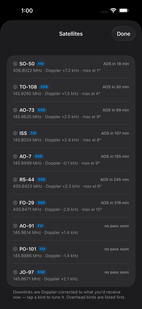 Amateur satellite pass predictions with Doppler and elevation
