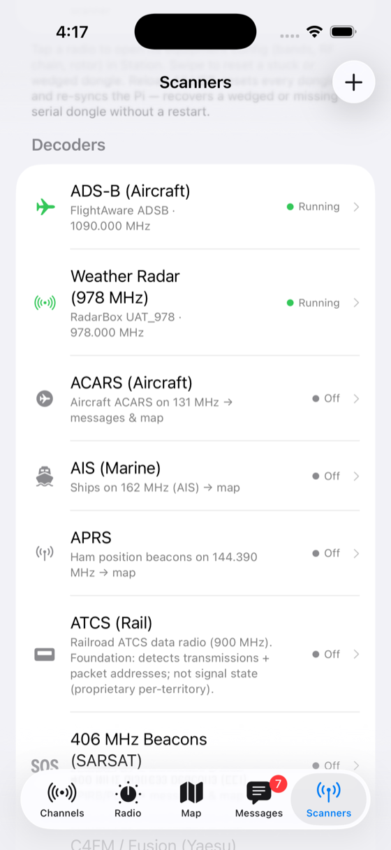 The Scanners tab's Decoders section — ADS-B (Aircraft) and Weather Radar (978 MHz) both Running, above ACARS, AIS, APRS, ATCS and 406 MHz SARSAT beacons, each showing its band and where its output goes