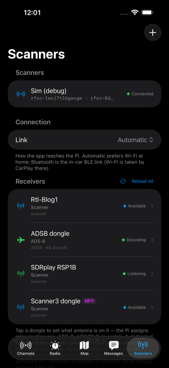 The Scanners tab showing each SDR dongle and its role