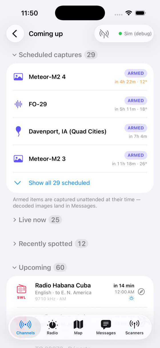 The Coming-up agenda's Scheduled captures section with four armed passes queued for unattended capture — Meteor-M2 4 (in 4h 22m, 12° peak), FO-29, the Davenport radiosonde launch, and Meteor-M2 3 (in 11h 18m, 26°) — each marked ARMED, above the note that armed items are captured unattended at their time and land in Messages