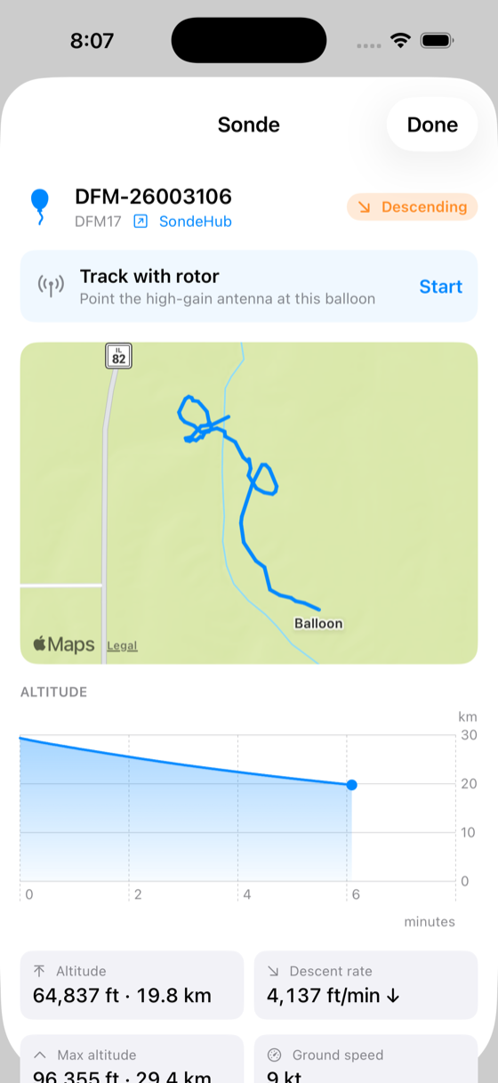 The Sonde flight card in the app: a weather balloon's descent path on the map, its altitude-over-time chart from 30 km, a Descending pill and a Track-with-rotor control