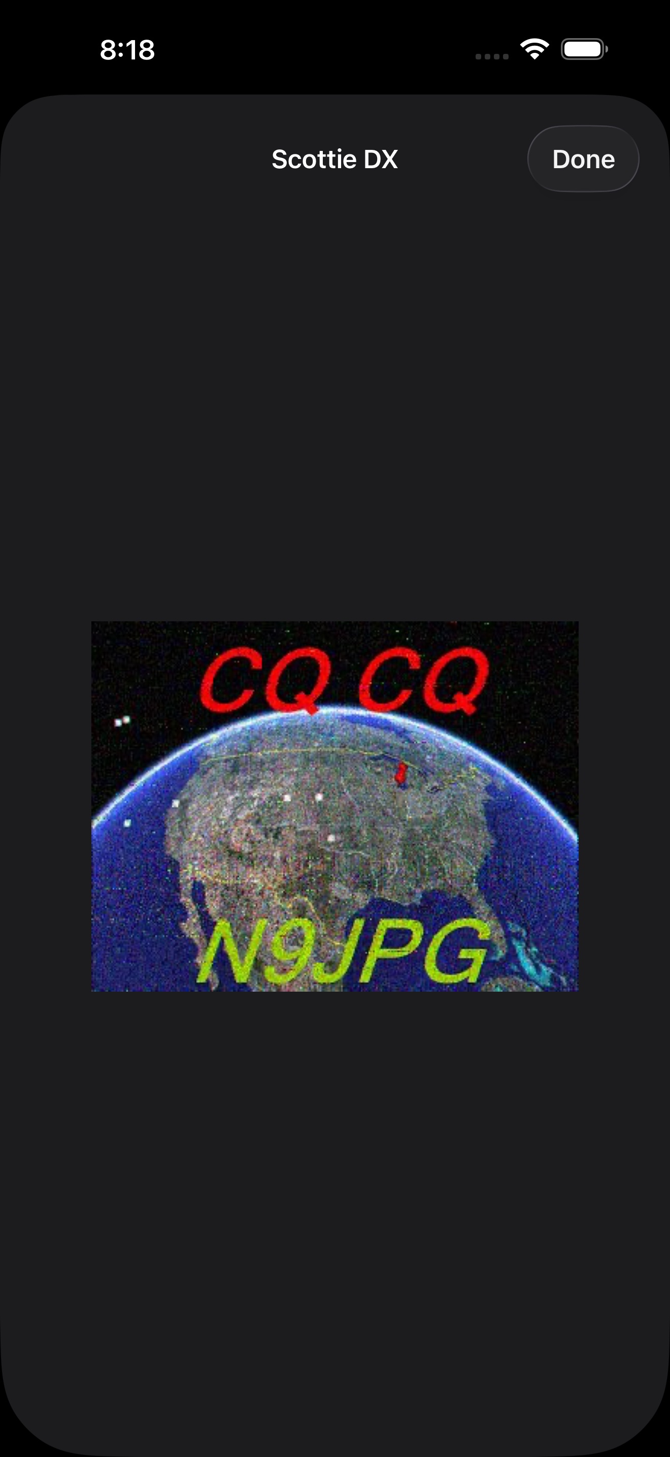 A Scottie DX SSTV slow-scan image decoded on the Pi — 'CQ CQ' over Earth with the callsign N9JPG