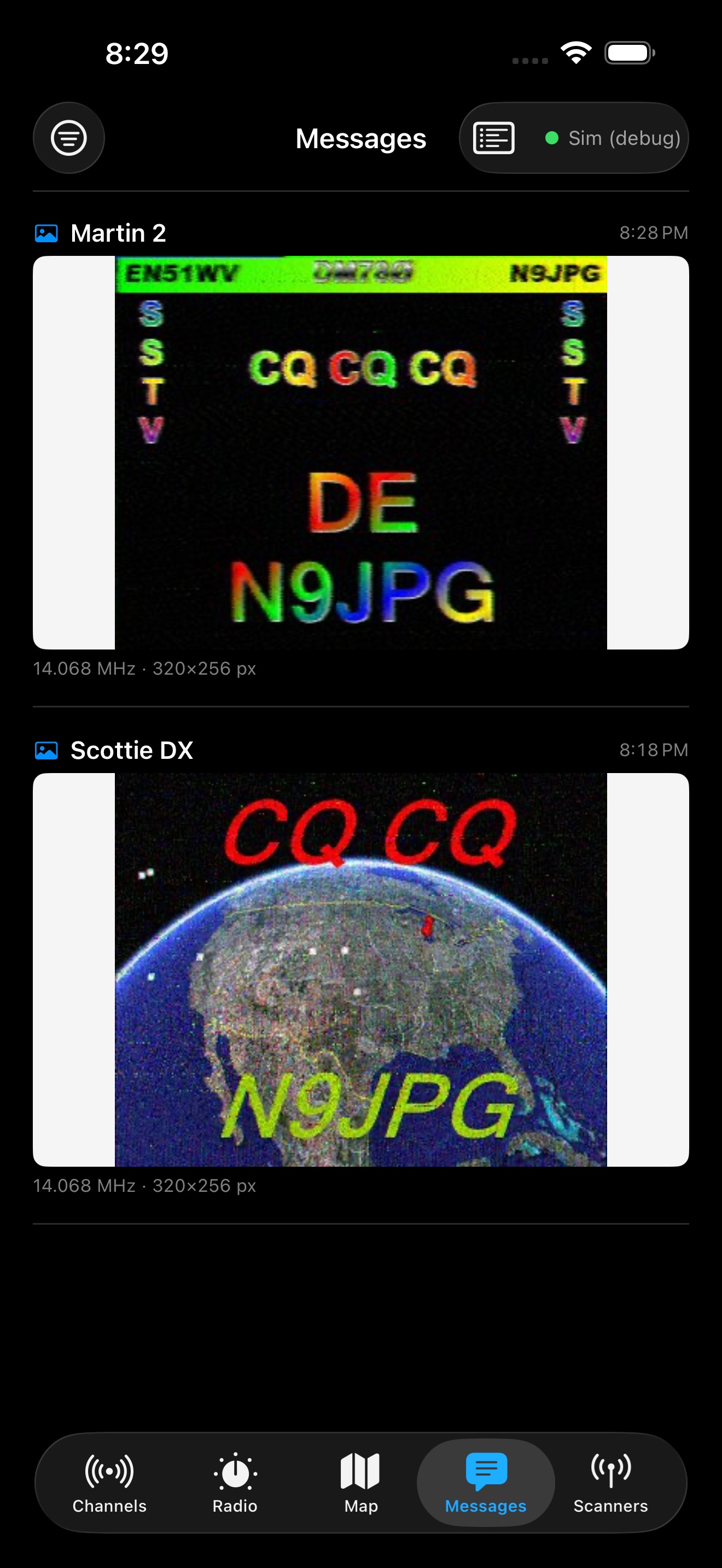 The Messages feed showing a decoded SSTV image row — Scottie DX, CQ CQ over Earth with N9JPG, 320x256 px on 14.068 MHz