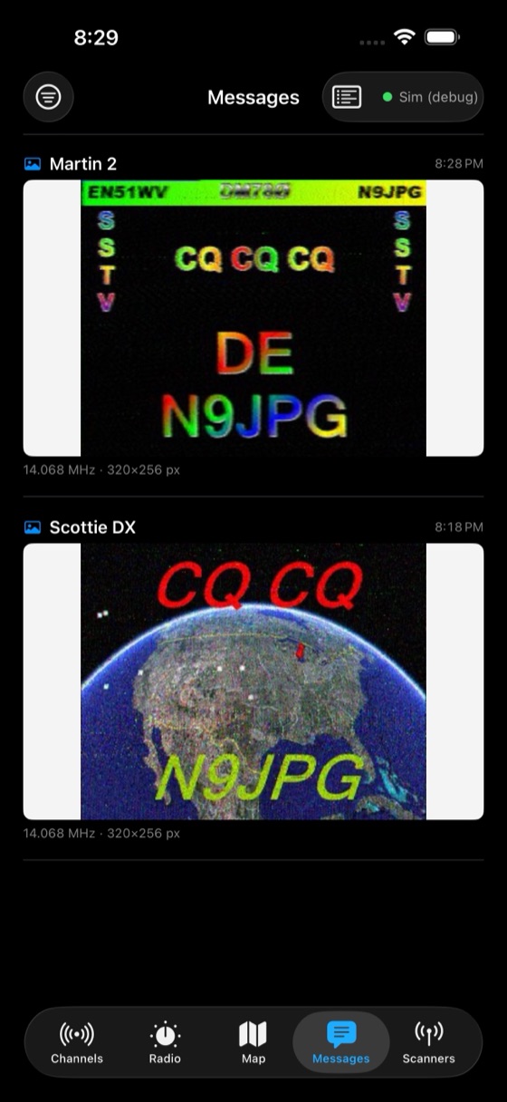 The Messages feed with two decoded SSTV pictures — a Martin 2 and a Scottie DX frame, CQ de N9JPG on 14.068 MHz