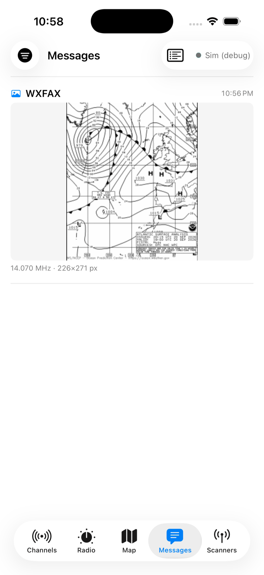 A full HF weather-fax chart decoded on the Pi and shown in the Messages feed — the NOAA/OPC Atlantic Surface Analysis with isobars, fronts and the title block, received on 14.070 MHz