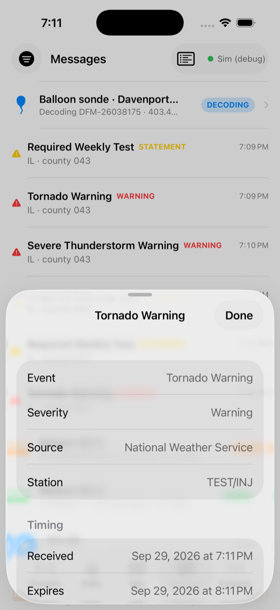 The alert detail card for a decoded warning — Event, Severity, Source (National Weather Service), the originating station, and the received and expiry times parsed from the SAME header