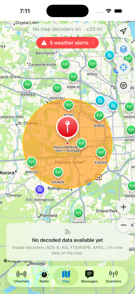 The app's live map with a red '5 weather alerts' banner up top and an orange SAME watchbox drawn over DuPage County — a decoded Required Weekly Test for the county, pinned at its centroid among nearby ham repeaters