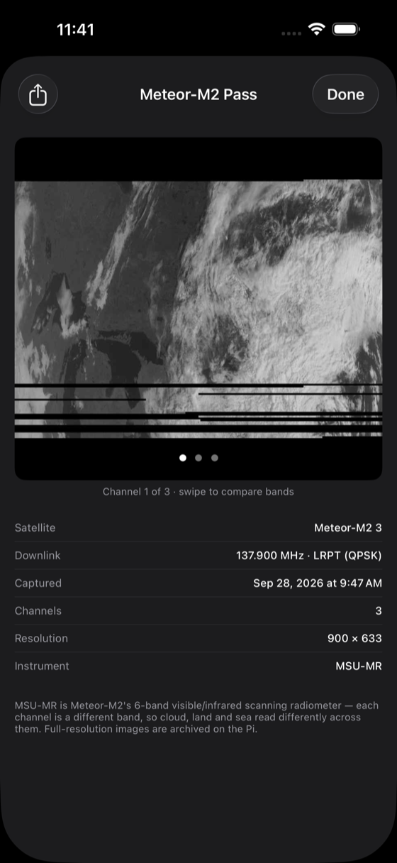 A decoded Meteor-M2 weather-satellite image in the app's pass card — a greyscale view of the Great Lakes and a frontal cloud band captured off the 137.900 MHz LRPT downlink, with the pass metadata