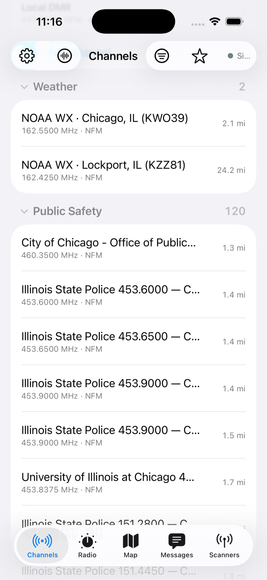 The nearby-channels catalog with a Weather section — NOAA Weather Radio KWO39 Chicago (2.1 mi) and KZZ81 Lockport (24.2 mi) on the 162 MHz WX channels, sorted by distance from the listener